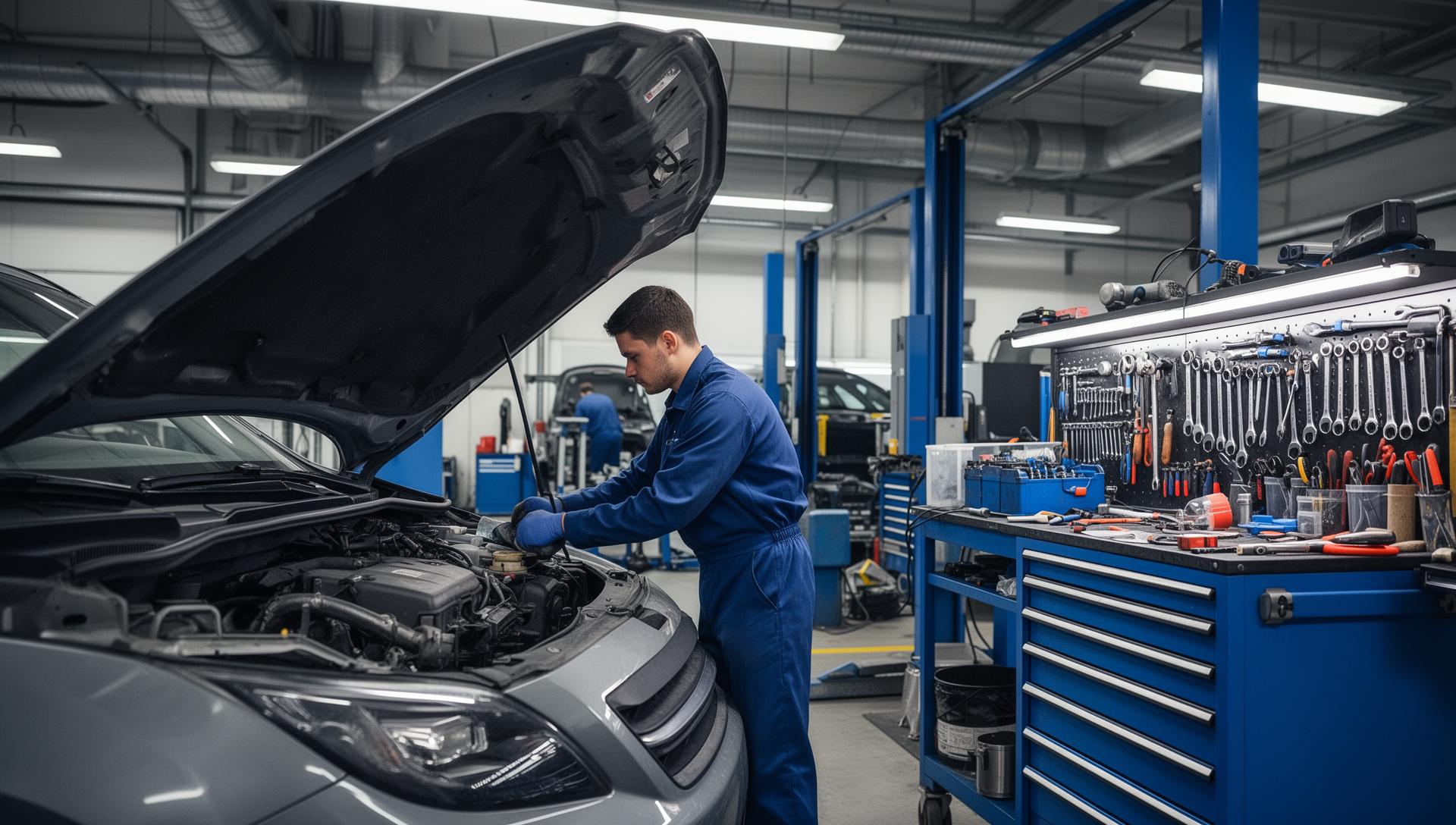 Professional auto mechanic working on car